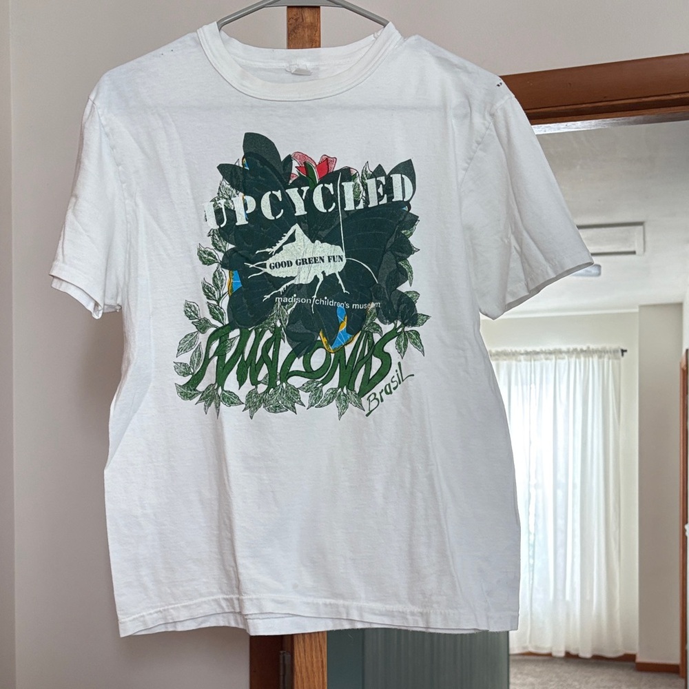 Vintage White 'Upcycled' Graphic Tee with Tropical Green Print